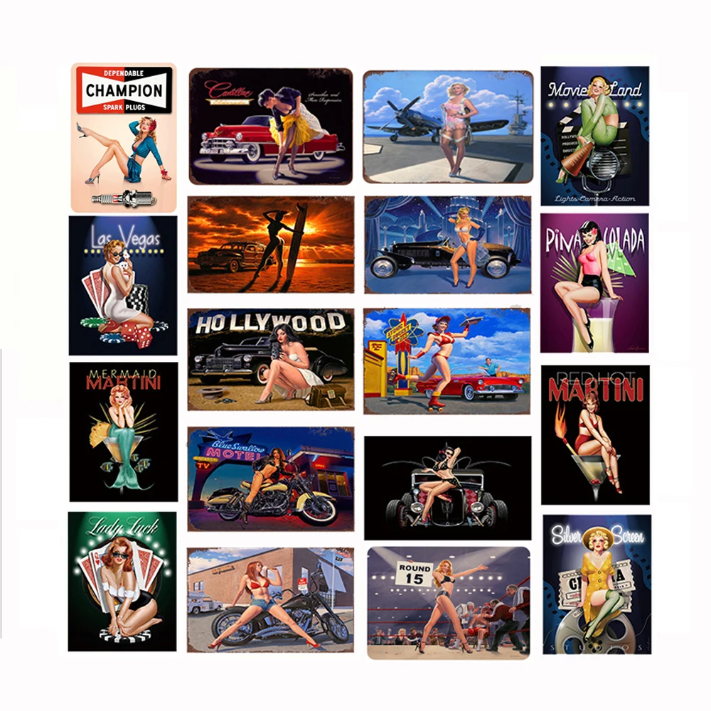 

Motorcycle cute lady art metal plate painting European and American beauty tin brand bar club garage wall decoration retro