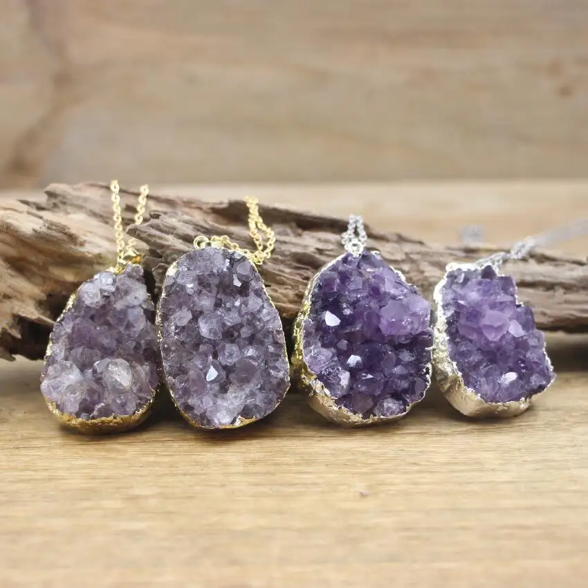 

Large Raw Amethysts Geode Pendants Necklace,Healing Quartz Purple Druzy Drusy Slab Charms Women Fashion Jewelry Dropship,QC3079