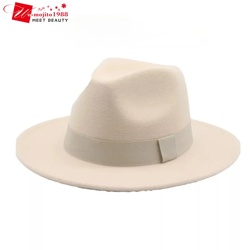 

British Elegant Fascinator Men Winter Women's Hat Fedora Hat Women Men Ribbon Band Belt Wide Brim Classic Beige White Fedora