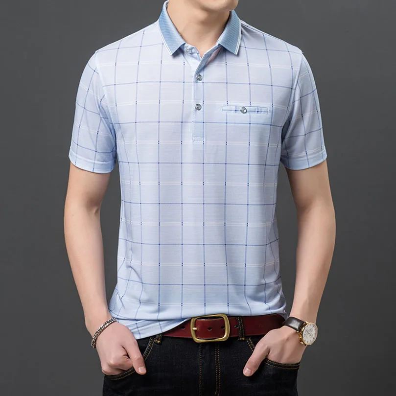 

Рубашка-поло мужская с карманами, шелковая футболка с короткими рукавами, в полоску, Повседневная модная одежда, лето 2021