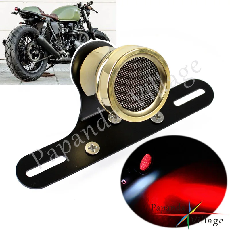 

Brass Steel Grill LED Tail Light Brake Light w/ License Plate Bracket Rear Lamp For Harley Honda Custom Cafe Racer Scrambler