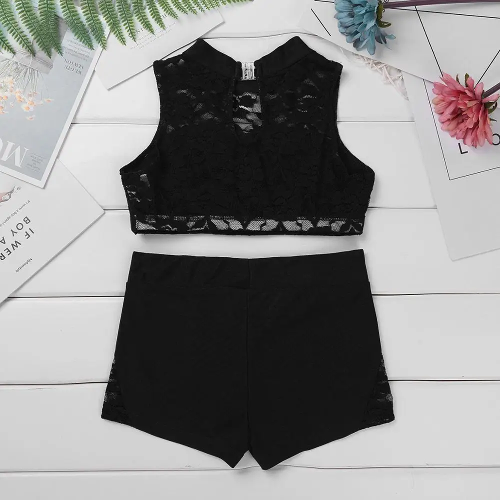 Детские гимнастические купальники для девочек из двух частей укороченный топ с