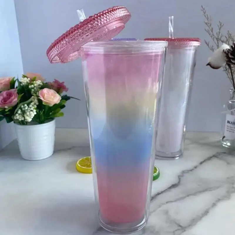 

fashion creative double rainbow color changing cup men and women straw plastic color changing cup 710ml / 24oz