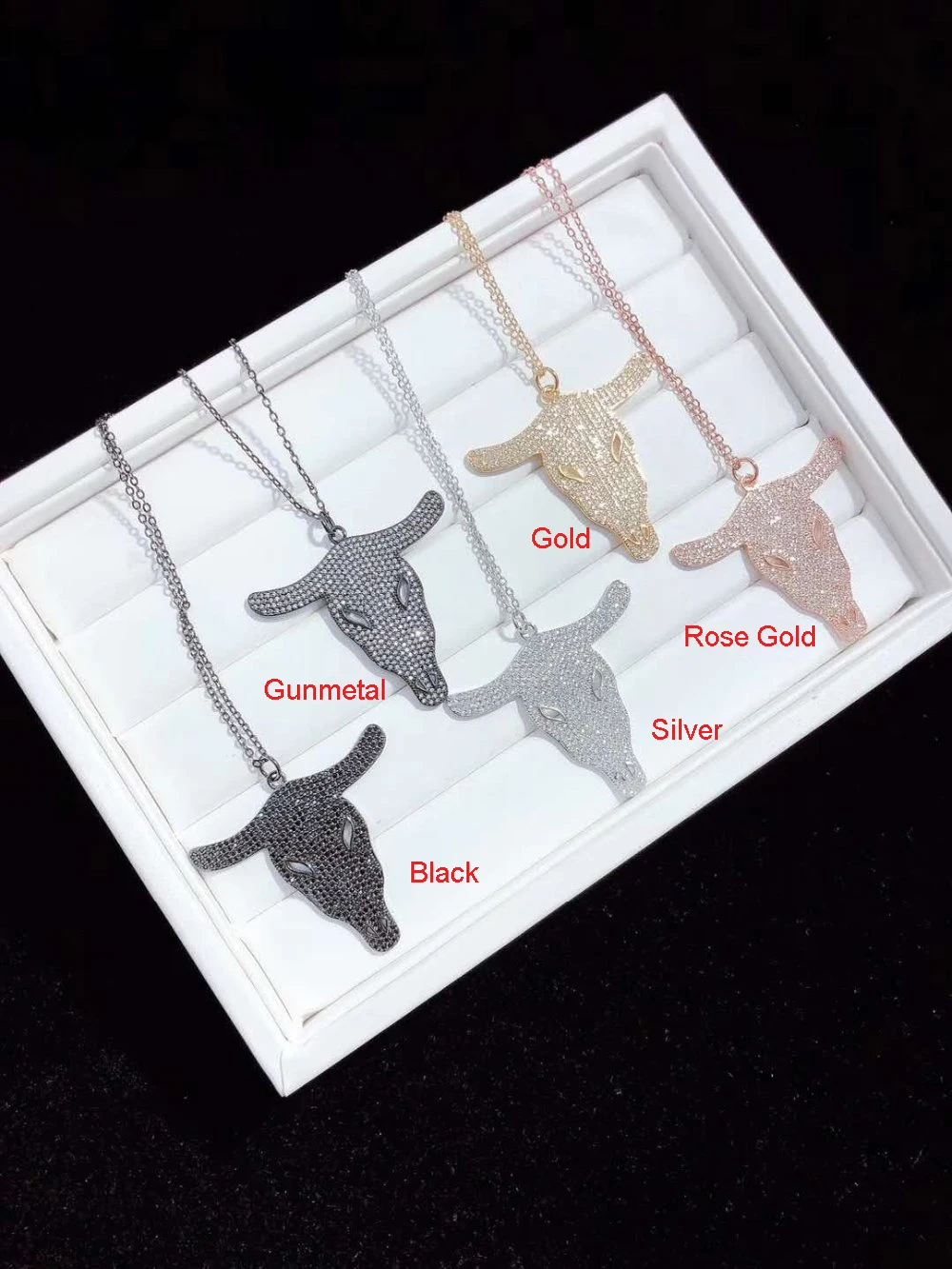 

2pcs Mixed Color golden plated Cz micro oxhead pendant chain necklace