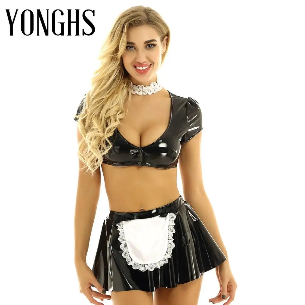 

Womens Maid Carnival Cosplay Costumes Wet Look Leather Outfit Crop Top with Flared Mini Skirt and Choker Role Play Games Clothes