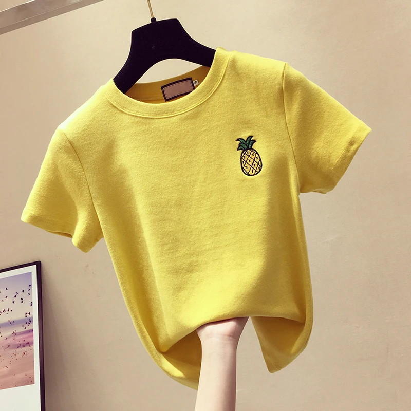 Женская футболка из хлопка повседневная трикотажная с коротким рукавом вышивкой