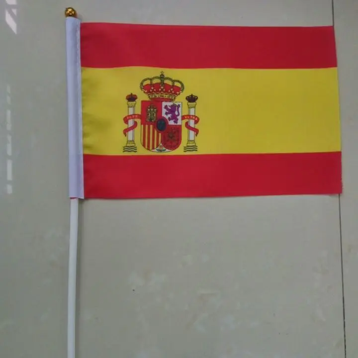 Xvggdg-Bandera Nacional de Espa&ntilde;a con asta de pl&aacute;stico, banderas de poli&eacute;ster, 14x21 CM, 100 unidades-1