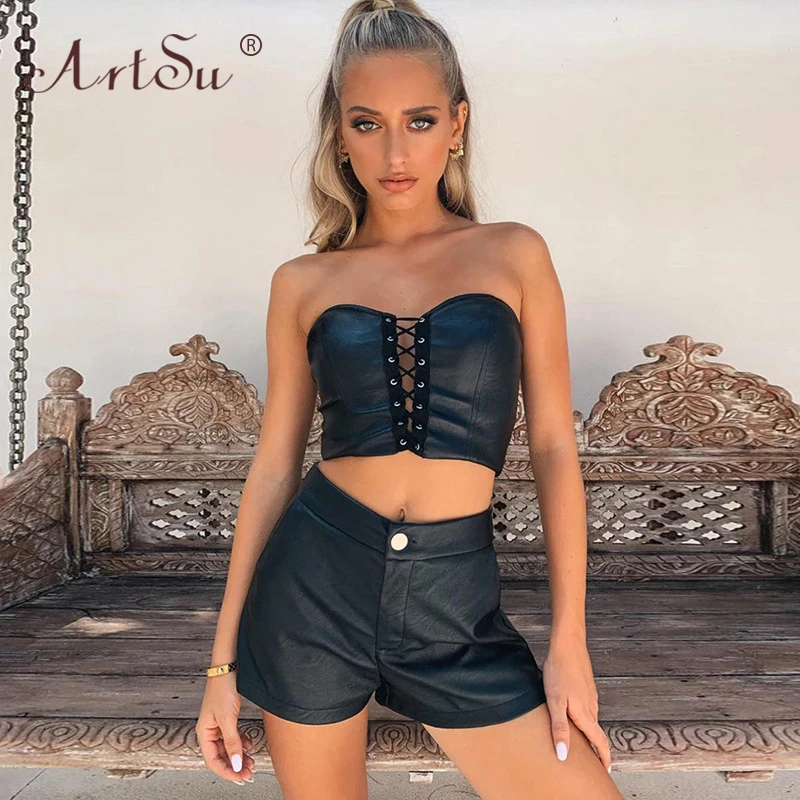 Женский укороченный топ из искусственной кожи ArtSu черный готический Топ без