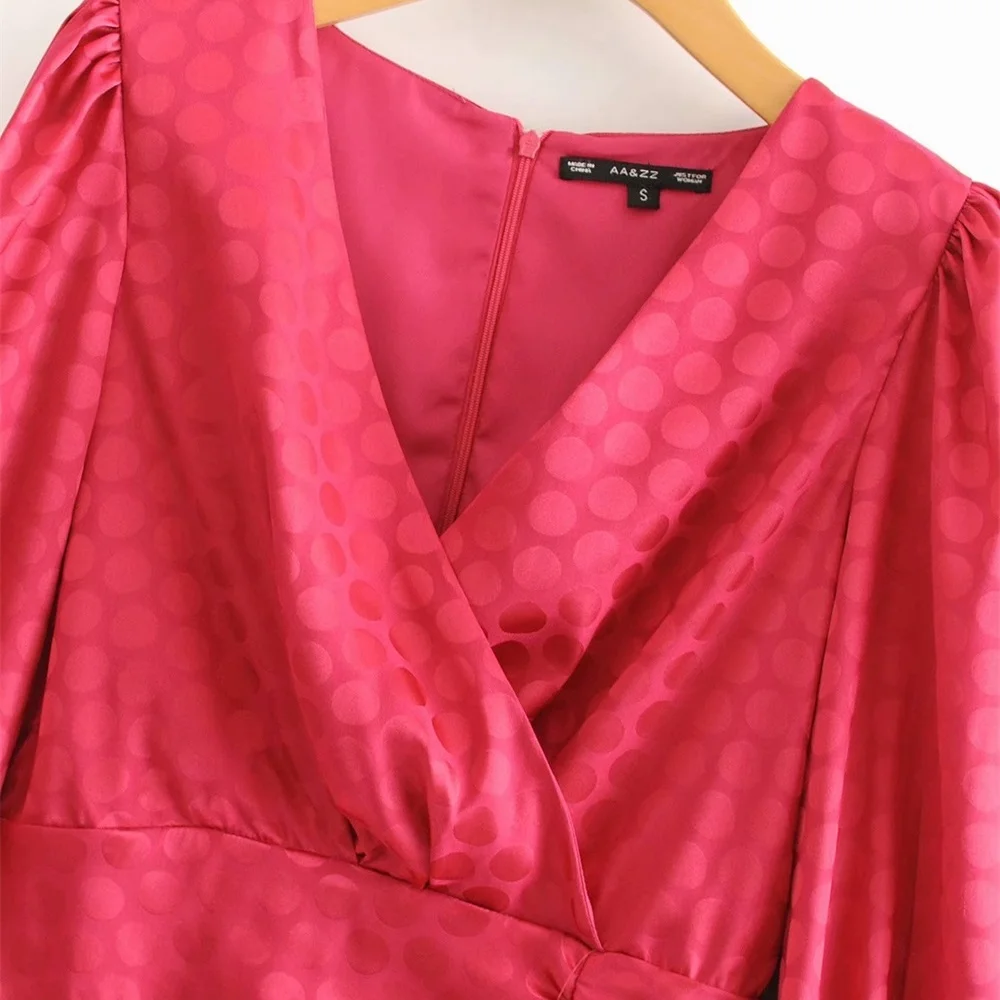 women's new fall double breasted V-Neck long sleeve front pleated with lined Polka Dot Satin Mini Dress 08342307630 | Женская одежда