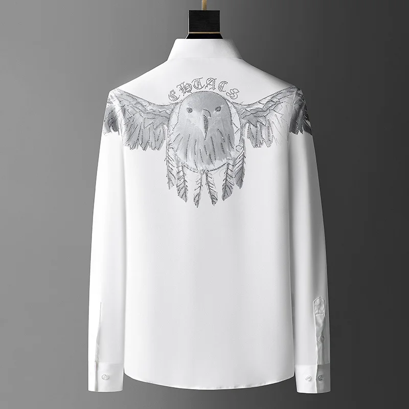 

2021 Длинная тонкая повседневная мужская рубашка, мужская деловая рубашка с надписью «соценическая формула», мужская рубашка с орлом Стразы, ...