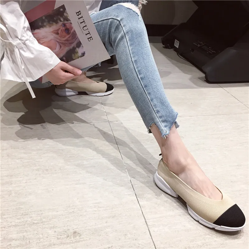 

SWYIVY Platform Flat Shoes Women Round-Toe Loafers Slip-On Ladies Casual Shoes Knit Breathable Soft Comfort Flat Shallow Shoes
