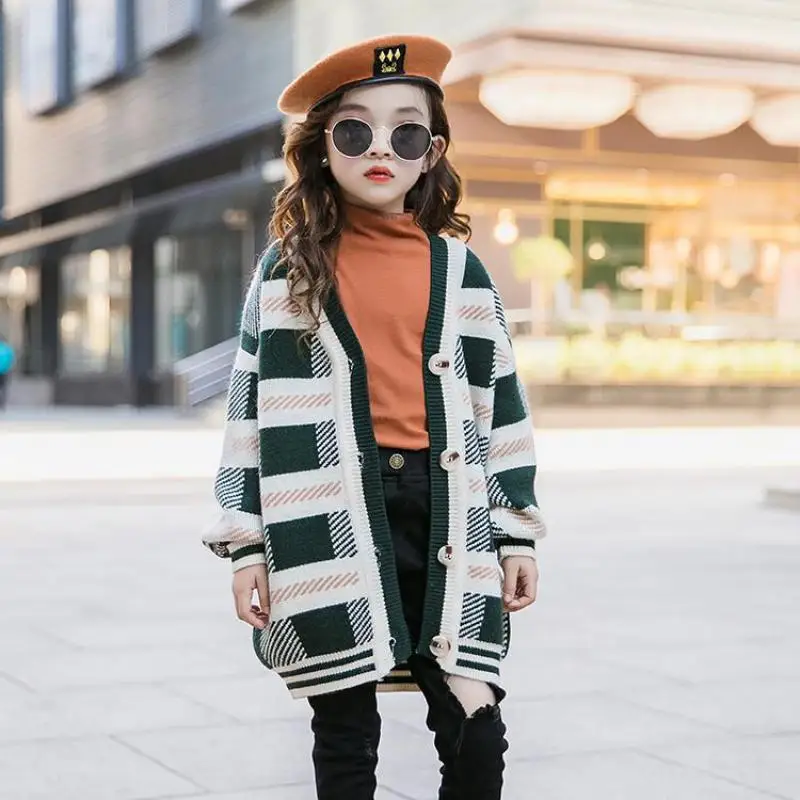 2019 Детский свитер топы кардиган для больших девочек Осенний вязаный/вязаный