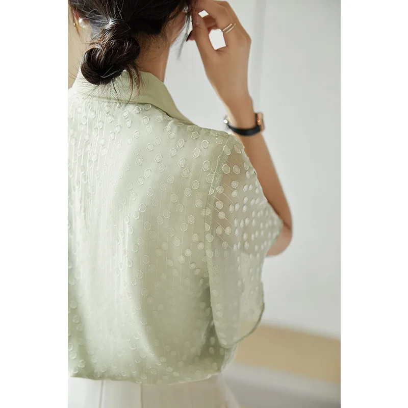 

2021 summer new style trumpet sleeve jacquard polka dot shirt double collar chiffon top women