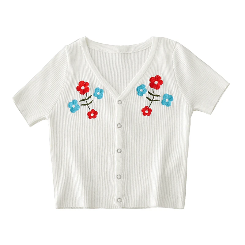 

Crop Top Women Short Sleeve Femme T-shirts Cropped Vintage Graphic Tee Korean Fashion Clothing Floral Embroidery Skinny Knitwear
