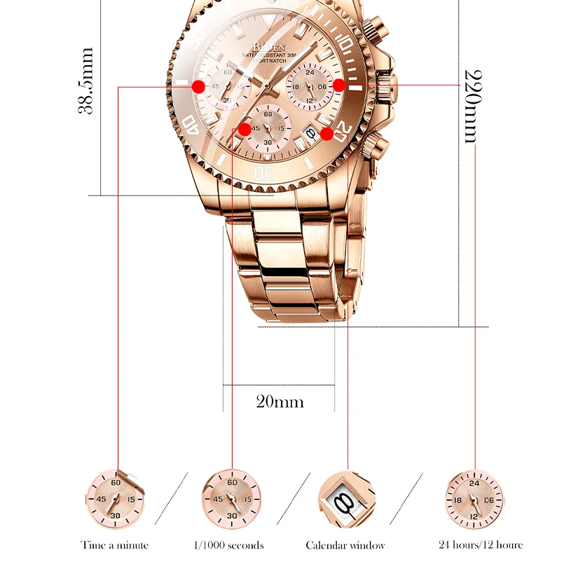 Брендовые роскошные женские кварцевые часы BIDEN с хронографом и календарем тремя