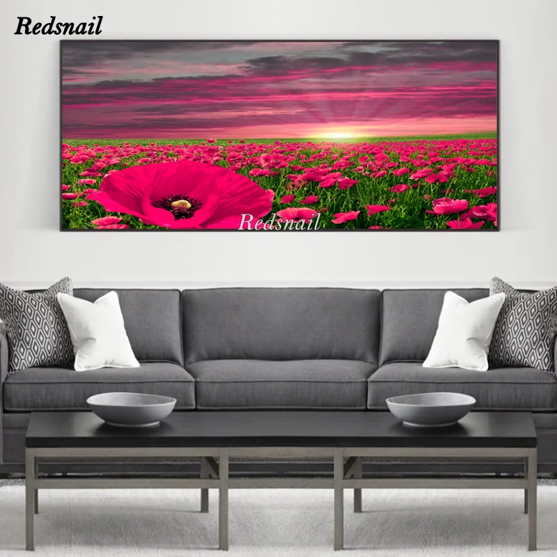 Большой 5D DIY алмазная живопись poppy flowers поле заката головоломка полная Алмазная