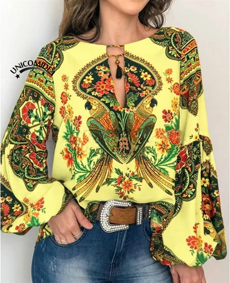 2019 блуза в стиле бохо с цветочным принтом павлина рубашка длинным рукавом