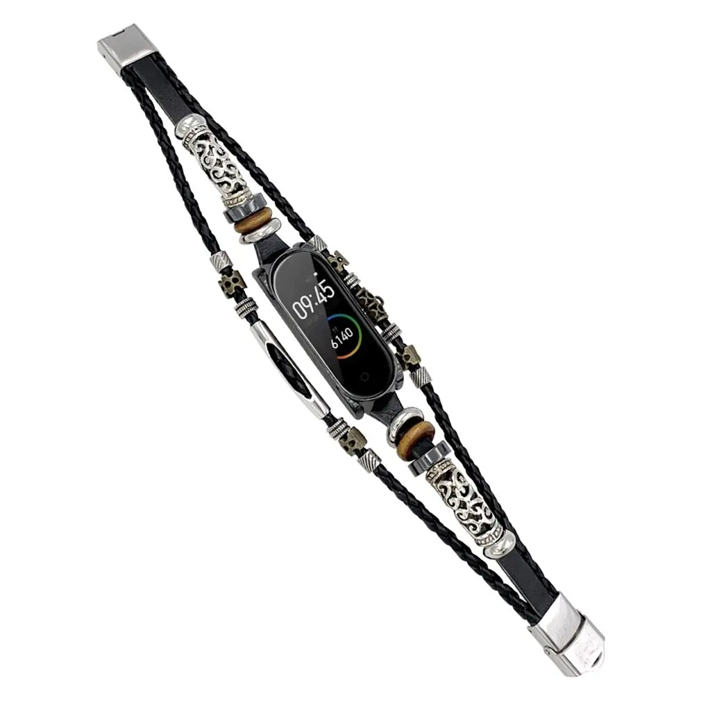 

For Xiaomi Mi Band 5 Replacement Leather-beading Bracelet Strap Weave-braided Wristband Strap Bracelet Watch Replacement
