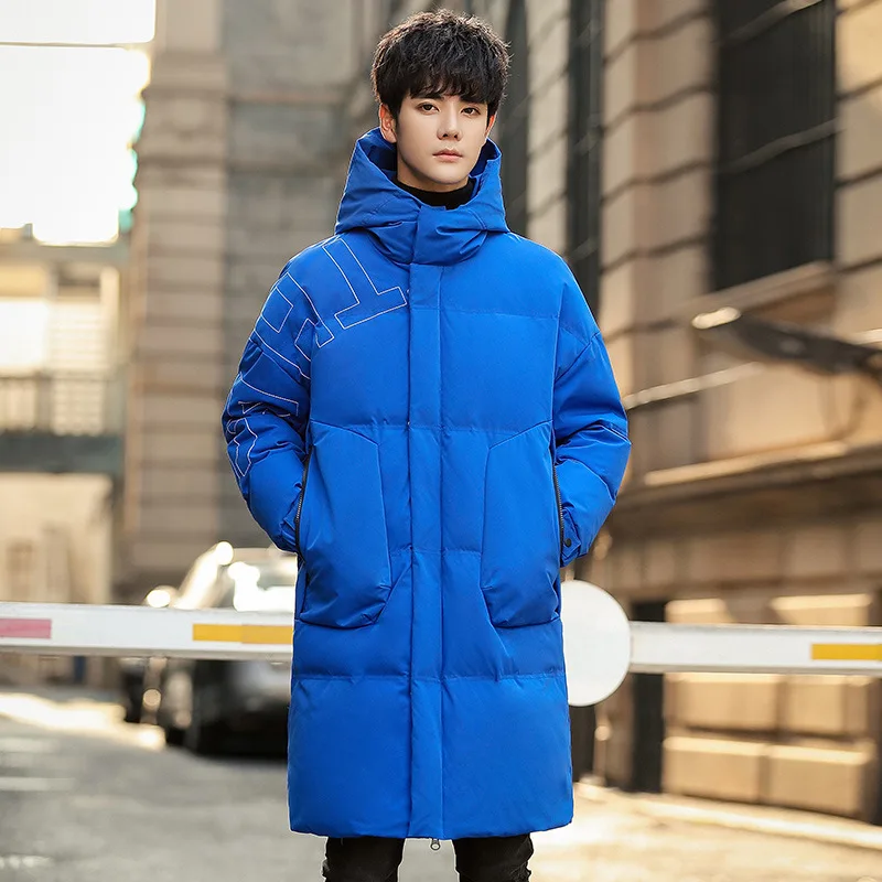 Зимние мужские куртки-пуховики до колена с капюшоном модные толстые теплые