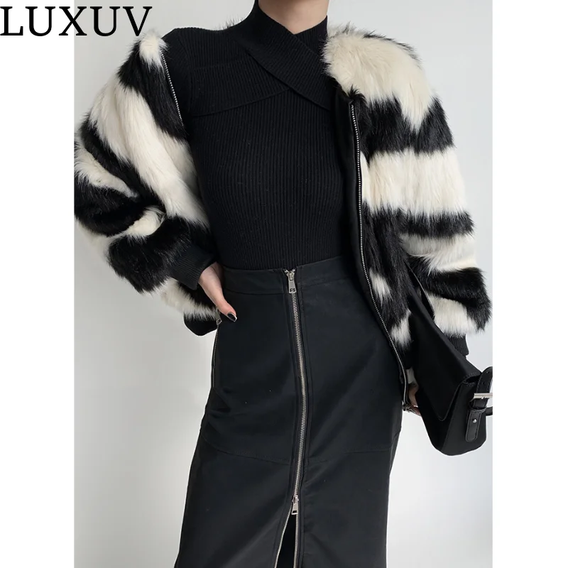 LUXUV Winter Faux Fur Short Coat Women Casual Warm Soft Zipper Jacket Plush Overcoat Pocket Design Fashion Teddy Lady Female