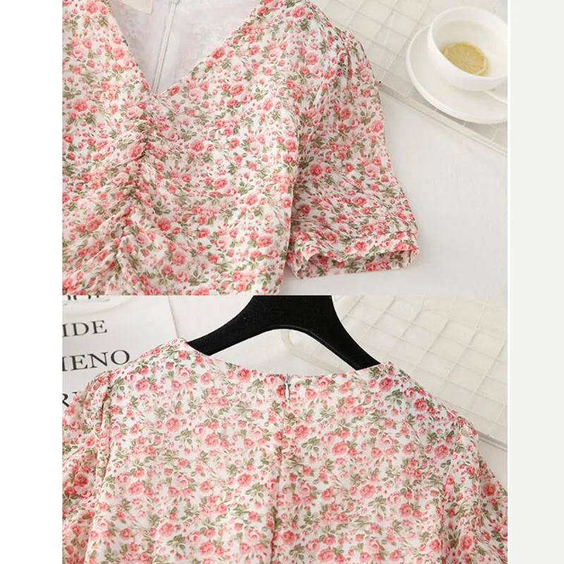

2021 New Women Summer Dress Sexy V-neck Short sleeve Chiffon Long Dress High waist Slim Floral Print Elegant Ruffle Dresses