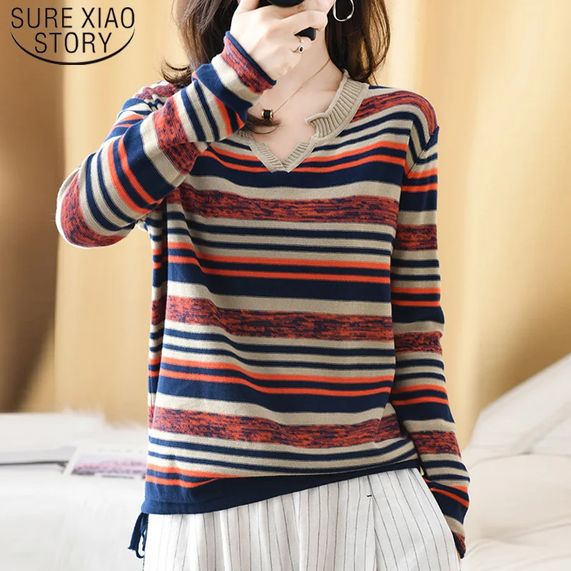 Весенне-осенне-зимние хлопковые корейские полосатые женские свитера с длинным