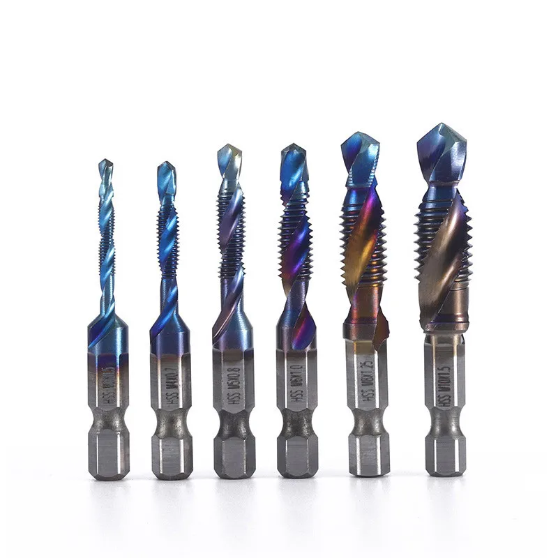 

6pcs Hex Shank Drill Bit M3-M10 Threaded Blue-coated Tap Drill Bit Hexagonal Shank Cut Tool Composite Wire Tapping Screw Bit Hss