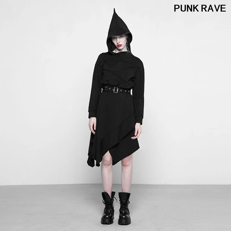 

Punk Knit Breathable Zipper Wizard Hat waist belt Dresses Gothic Women Stitching Asymmetrical Hood Dress PUNK RAVE OPQ-297LQF