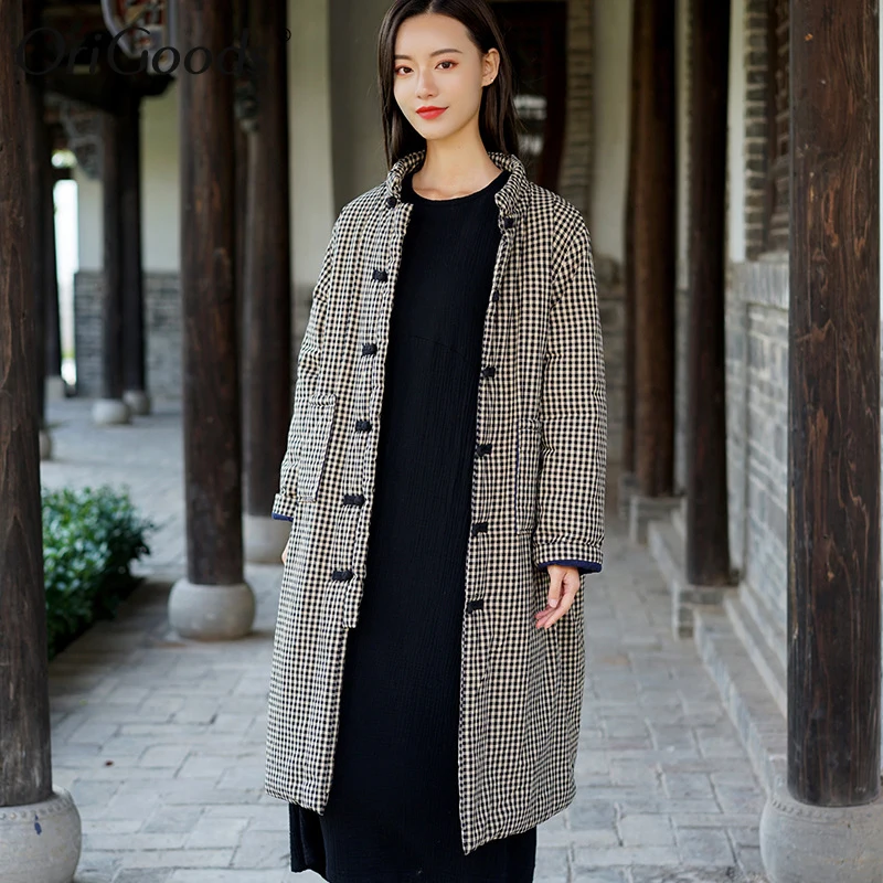 Стеганое пальто в китайском стиле OriGoods женское толстое теплое зимнее длинное