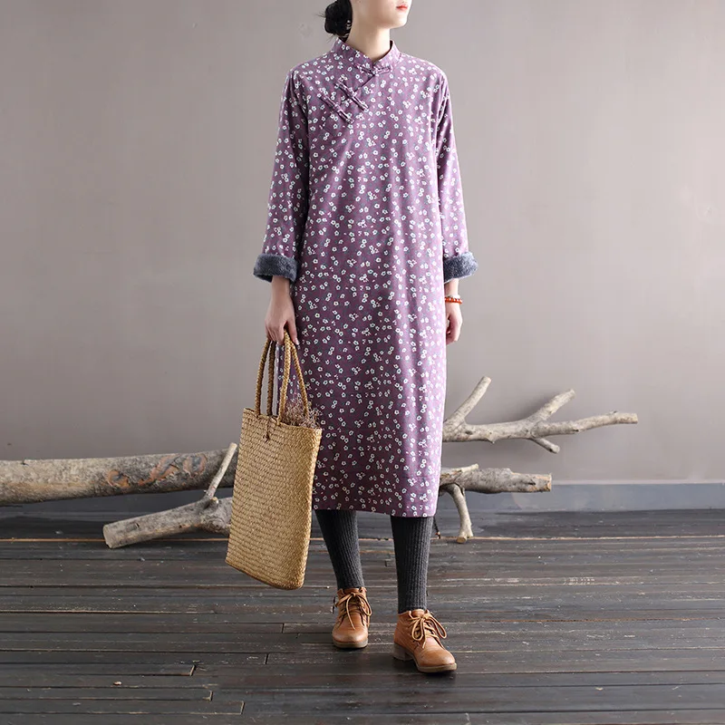 Женское свободное платье Johnature винтажное с цветочным принтом и длинным рукавом