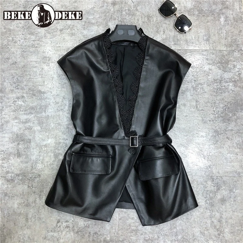 

Женский жилет из натуральной овечьей кожи, с кружевом и одной пуговицей