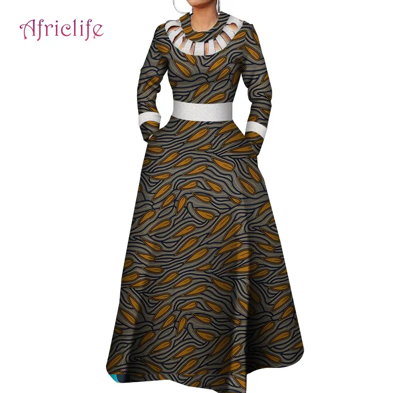 

Hot Sell African Dresses for Women O-Collar Dashiki Design Dress One Pcs African Lady Fashion Printed Long Sleeve Skirt WY4428
