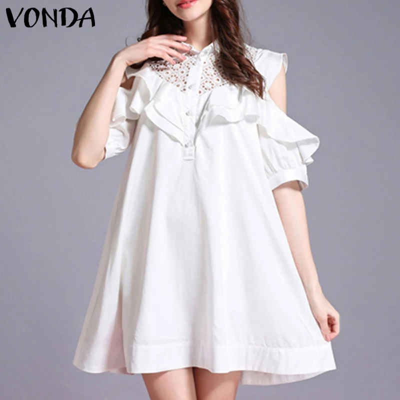 

Lace Dress 2021 VONDA Women Short Sleeve Sundress Lapel Neck Patchwork Shirt Dress Crochet Holiday Party Vestidos Robe Femme