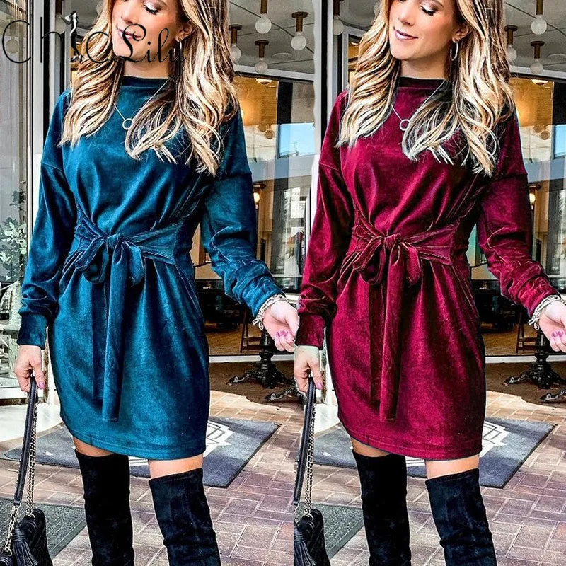 

Autumn Round Neck Loose Sweatshirt Dress with Belt Solid Color Dress for Women Party Vintage Velvet Dresses