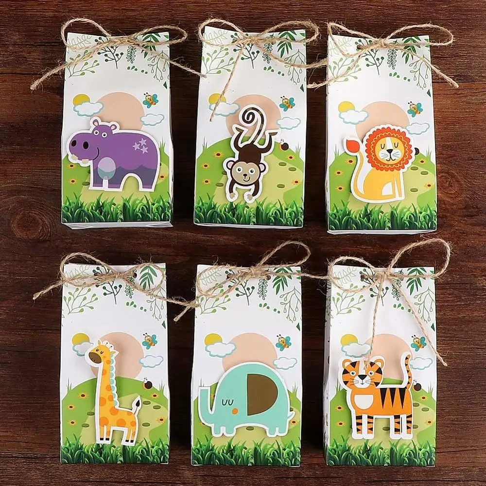 

OurWarm 6pcs Animals Party Paper Candy Gift Box Burlap Dessert Bag Gifts For Guests Kids Jungle Party Favor Birthday Decoration