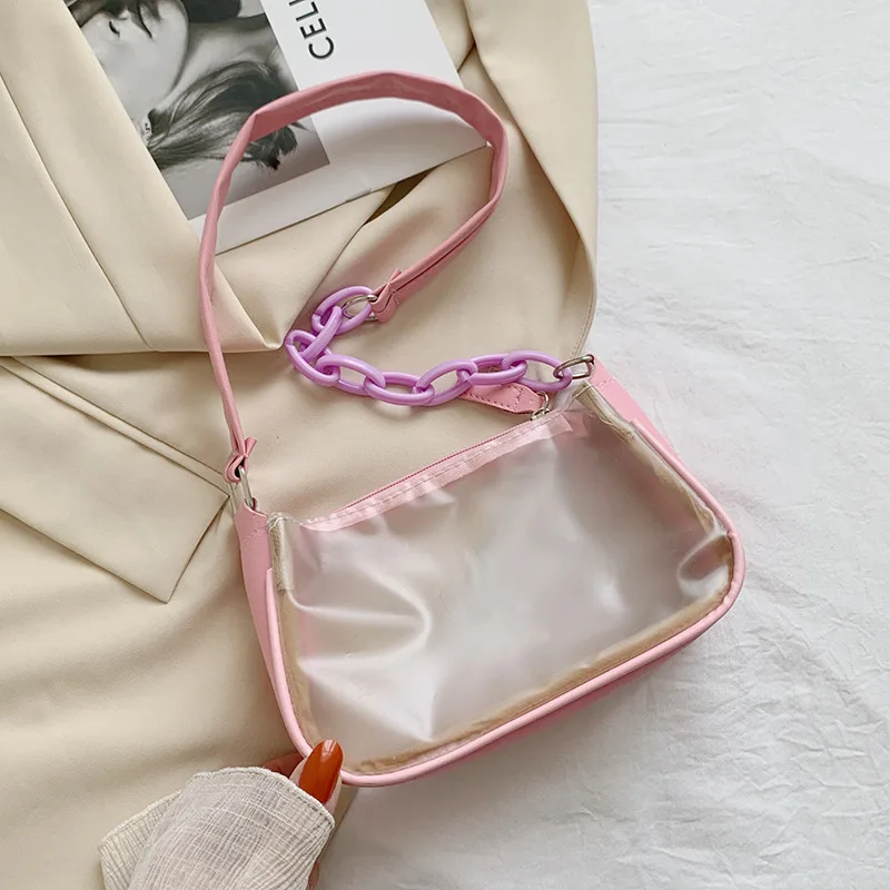 

Clear Crossbody Bags for Women Pink Small Underarm Handbags Chain Transparent Shoulder Bag 2021 Popular Clutch New Trendy PM171