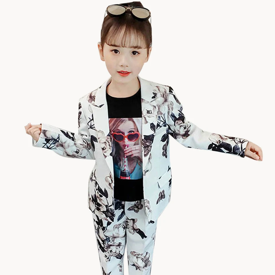 Детская одежда блейзеры и брюки с цветочным принтом Одежда для девочек на одной