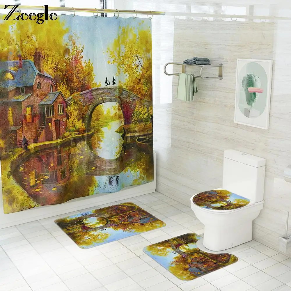 

Осенняя занавеска для душа с принтом пейзажа, набор из 4 шт. штор для ванной комнаты из полиэстера, декоративные занавески для ванной комнаты