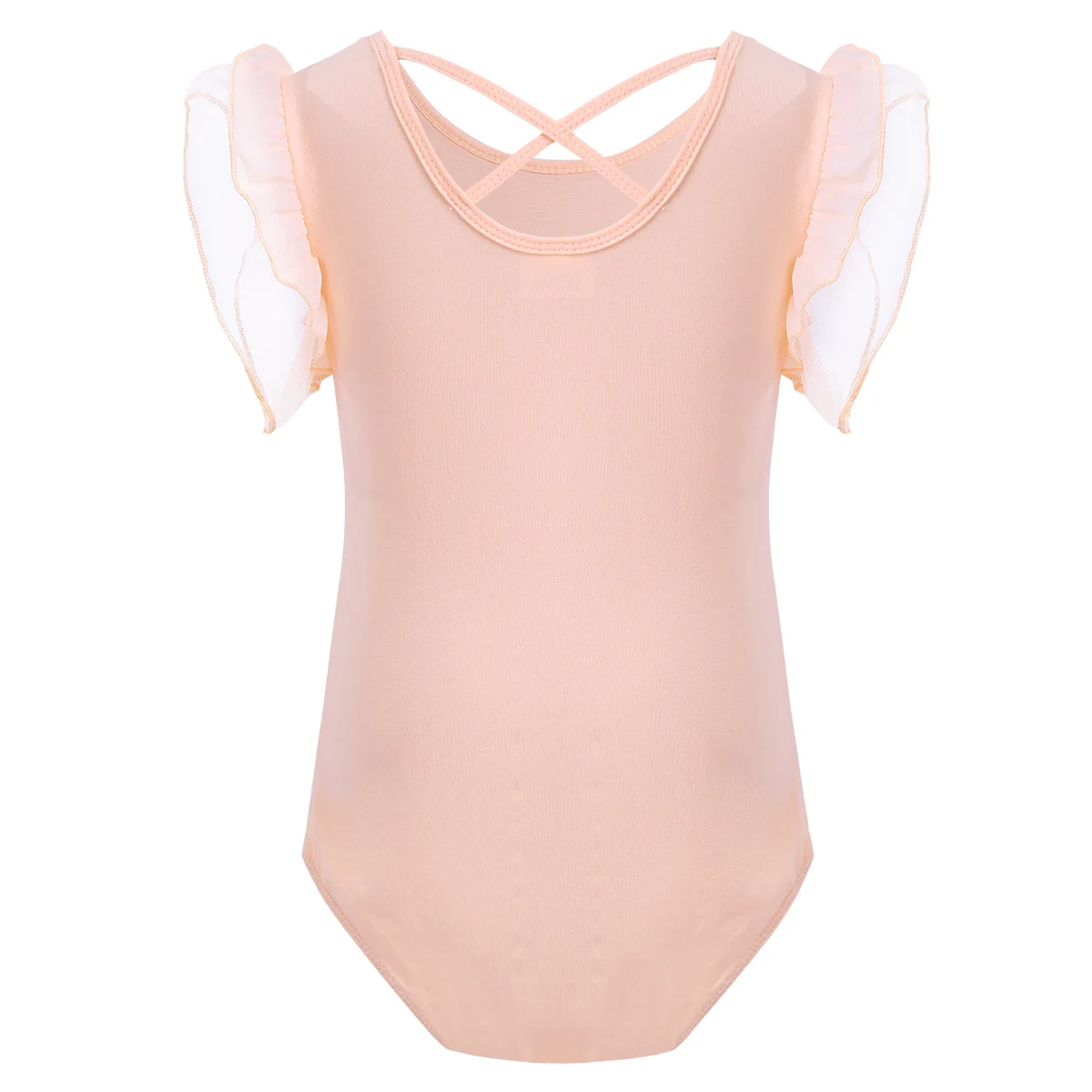 

2021 Girls Kids Ballet Dress Ruffled Sleeves Cross Back Stage Perforamnce Costume Children Dance Gymnastics Leotard SZ 3-12