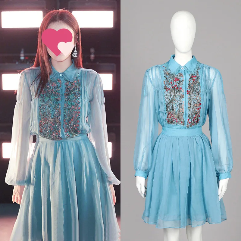 

2020 summer dress new Milan Fashion Qin LAN same blue chiffon embroidery super fairy French dress