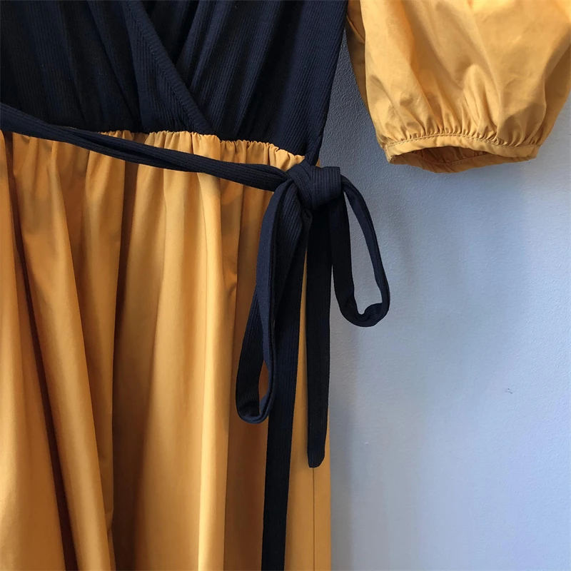 

Summer Women Stylish Patchwork Midi Dress Bow Tie Design V Neck Elastic Bust Soft A Line Dresses Puff Sleeve Vestidos QA015