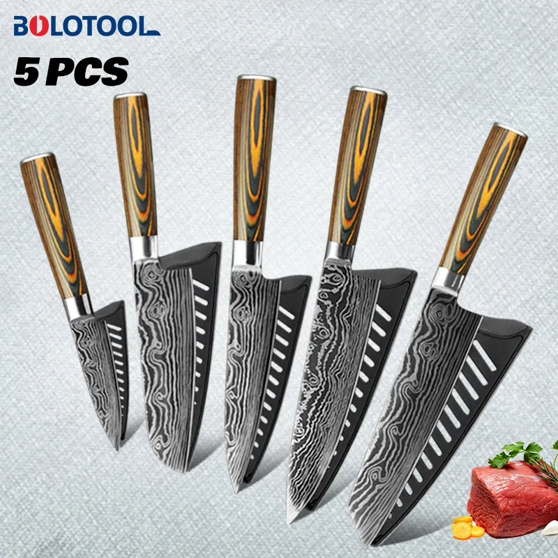 5 шт. набор кухонных ножей лазерный дамасский 7CR17 из нержавеющей стали японский