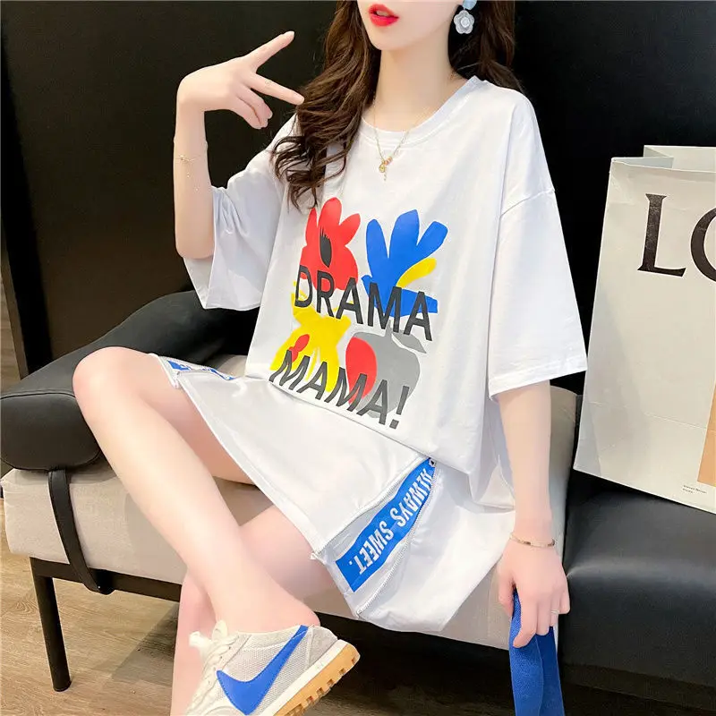

Medium and long T shirt women short sleeve fashion INS2021 summer new Korean version loose large size zipper half sleeve shirt