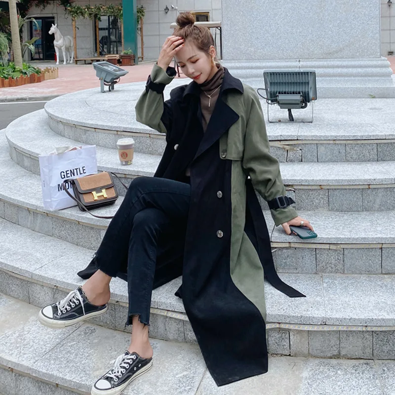 

autumn women trench coat Split joint elegant long sleeve coat Plaid long coat with belt windbreaker M459