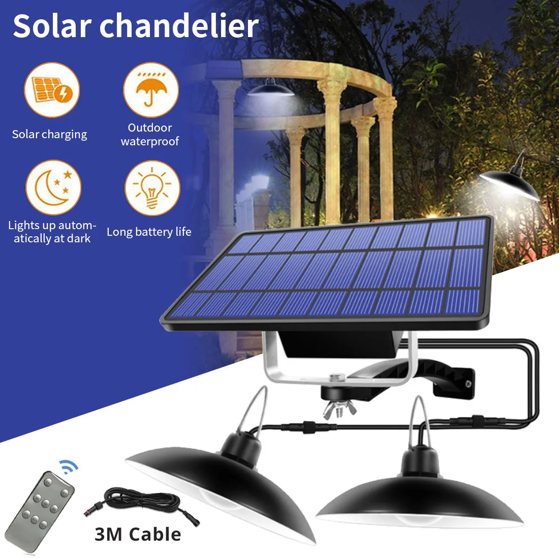 

Подвесной светильник на солнечной батарее с двойной головкой, IP65 водонепроницаемая лампа на солнечной батарее, нарусветильник комнатный п...