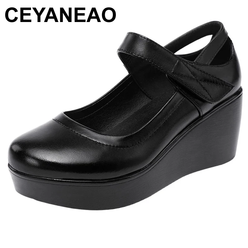 

CEYANEAOSmall Plus Size 32-43 Round Head Platform Shoes Spring 2021 Mary Janes Medium Heels Wedges Shoes Women Office Work Dance