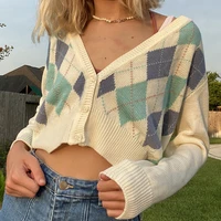 2021 knitted plaid sweater long sleeve sweater cardigan button up casual v neck shirt sweaters brandy chic tops sweater shirt