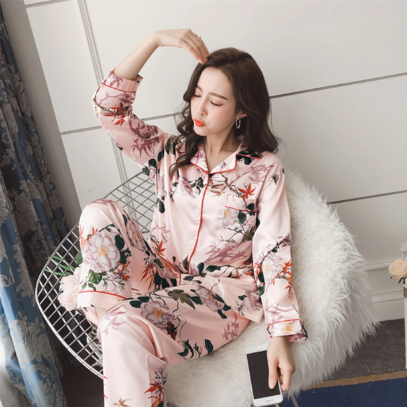 Новый летний и осенний женский Шелковый пижамный комплект атласная рубашка с