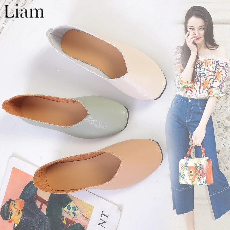 Женские кожаные туфли однотонные балетки на низком каблуке зеленые коричневые