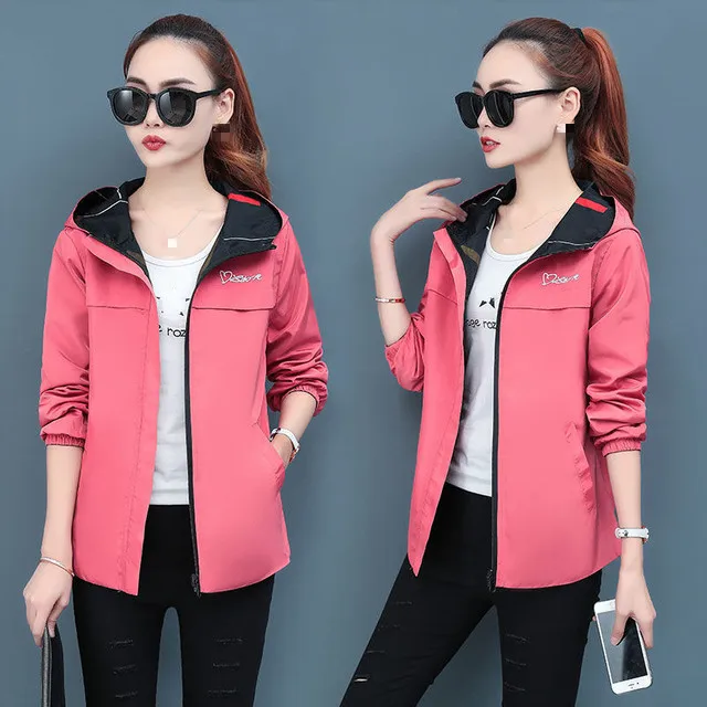 

Two Side Wear Women Jacket Spring Autumn Solid Long Sleeve Hooded Ladies Causal Outwear Zipper Pockets Plus Size Clothing Female